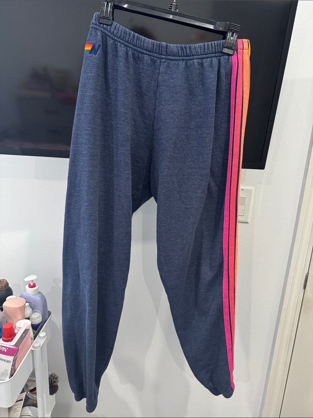 Aviator Nation Navy Track Pants with Neon Pink/Orange/GreenSide Stripes Pull on